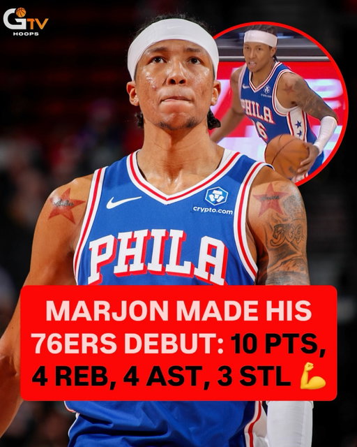 Congrats to MarJon Beauchamp on making his @sixers debut tonight! The Two-Way signee came off the bench and posted 10 PTS, 4 REB, 4 AST, 3 STL, and 0 TO. He’s been one of the best players in the G League this year with averages of 24.3 PPG, 5.9 RPG, and 4.4 APG with the @delawarebluecoats. 🙏 @justmarjon