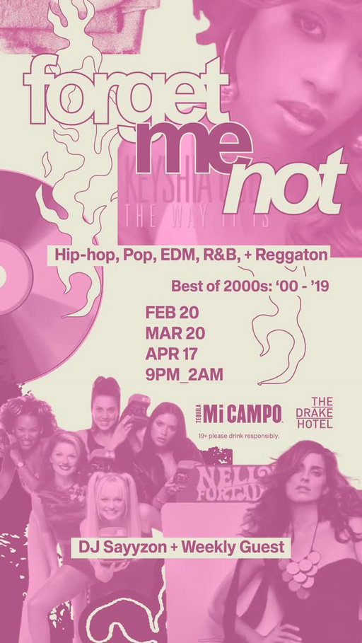 the throwback party returns! once a month The Drake Lounge turns into the house party your parents would’ve banned — boombox blasting, Motorola Razrs buzzing, and MTV on the screen.

@sayyzon spins nonstop 2000s hits, @tequilamicampo keeps the cocktails flowing, and we’re dancing ‘til the lights come up.

Forget Me Not: free entry w/ rsvp at link in bio