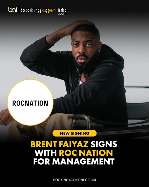 Brent Faiyaz (@brentfaiyaz) has signed with Roc Nation (@rocnation) for management.

He continues to be repped by Jonesworks for U.S. PR, and he’s set to release his new album Icon on Feb. 13, 2026 via his label ISO Supremacy (distributed via UnitedMasters).

Career-wise, Faiyaz has built one of the clearest “independent-to-icon” lanes in modern R&B: he first broke mainstream with his feature on GoldLink’s “Crew” (a Grammy-nominated hit), then carved out his own world with projects like F*ck the World and Wasteland, the latter debuting No. 2 on the Billboard 200.

Create a free account at BookingAgentInfo.com to be the first to know about new music industry signings

Follow @bookingagentinfo_ for more.