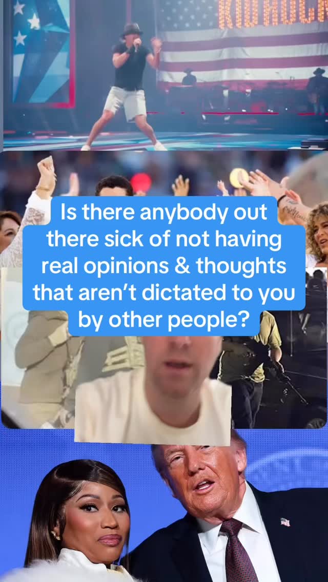 Is there anybody out there sick of not having real opinions & thoughts that aren’t dictated to you by other people? Like people trying to say that a shitty lip syncing performance from a washed up kid rock singing songs that already sucked in the first place was amazing and inspirational? Or people who never listened to Bad Bunny and don’t know his songs or lyrics pretending it was the most amazing thing they’ve ever seen. Or being the 2A political party during Kyle Rittenhouse days and then just flipping to anti-guns for Alex Pretti? Or having to co-sign Nicki Minaj who is a terrible person married to a despicable person just because she decided to say she likes Donald Trump? Not saying you should be stubborn and not saying you should be a flip flopping grifter. Just saying you should have your own opinions as a multifaceted human. Sometimes you staunchly believe something, sometimes you change, sometimes you’re consistent sometimes you contradict…but all because you have your own thoughts and values and opinions from your own brain. Not because a politician or podcaster or floating head Instagram green screen guy said something