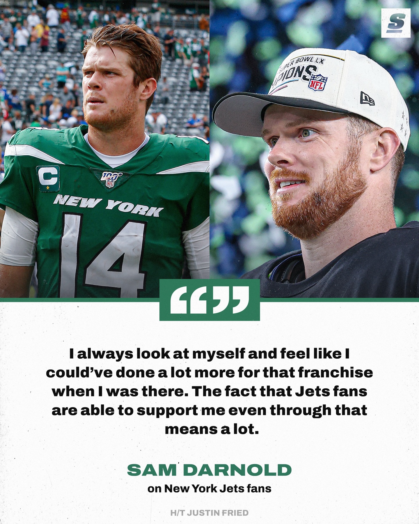 Sam Darnold has nothing but love for the Jets fans who still support him. 💚
[via JustinTFried/X]