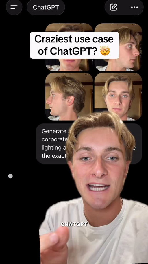 This is the wildest ChatGPT use case I’ve ever seen 👇

You start by taking a couple pictures of yourself. 

Upload them into ChatGPT with the prompt: 

“Generate a 1:1 ultra-realistic 4K corporate headshot with studio lighting and keep the person’s face the exact same.”

Seconds later you have a perfect corporate headshot that you can use for LinkedIn. 

So stop paying thousands to get professional photos done. 

Follow me and drop “Headshot” in the comments and I’ll send you over all my image prompts!

#chatgpt #ai #chatgptprompts #chatgpttricks #chatgpttips @chatgpt
