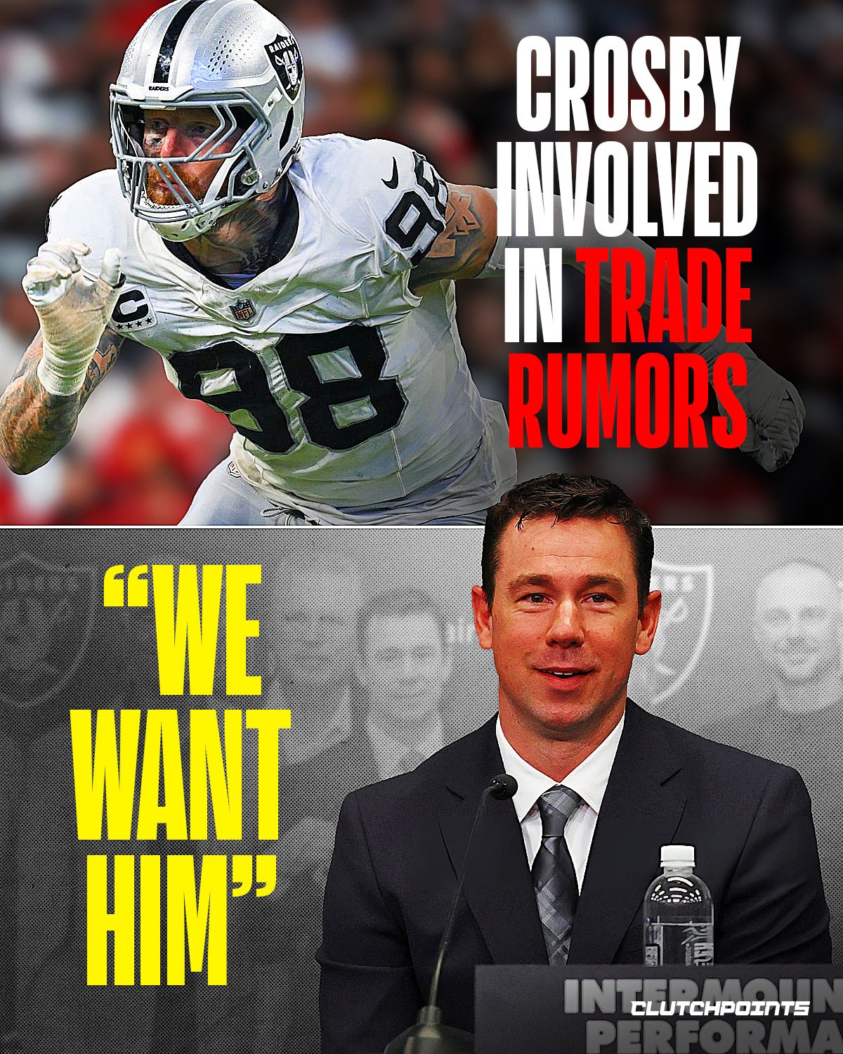 Trade rumors have surrounded Maxx Crosby, but the Raiders’ new head coach is not entertaining the idea.

During his introductory press conference, Klint Kubiak addressed the speculation directly.

“We want him to be a part of our success going forward, there is no doubt about that.”

Las Vegas enters a pivotal offseason holding the No. 1 overall pick and turning the page under new leadership. 

While outside reports have linked Crosby to potential trade conversations, multiple factors make an early 2026 move unlikely.

Crosby is currently recovering from a meniscus repair surgery performed on January 7, a recovery process that typically takes months. 

His medical status complicates any immediate deal, and the Raiders would almost certainly require a substantial return for a player of his caliber.

The veteran defensive end remains under contract through the 2029 season and is coming off another dominant campaign.

In 2025, he recorded 10 sacks, 28 tackles for loss, and 20 quarterback hits across 15 games, earning a Pro Bowl selection while continuing to anchor the Raiders’ defensive front.

As the organization prepares for the draft and a new era begins in Las Vegas, the message appears clear. 

The new Raiders head coach wants Maxx Crosby in silver and black.

Think smarter, play sharper. Start trading today with @novig using code CPSOCIAL.