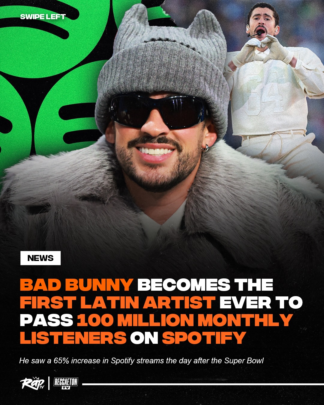 #BadBunny continues to raise the bar🔥

He became the first Latin artist in Spotify history to surpass 100 million monthly listeners, and following his Halftime Show performance, he set the record for biggest streaming day of 2026‼️

What’s your favorite Bad Bunny song⁉️