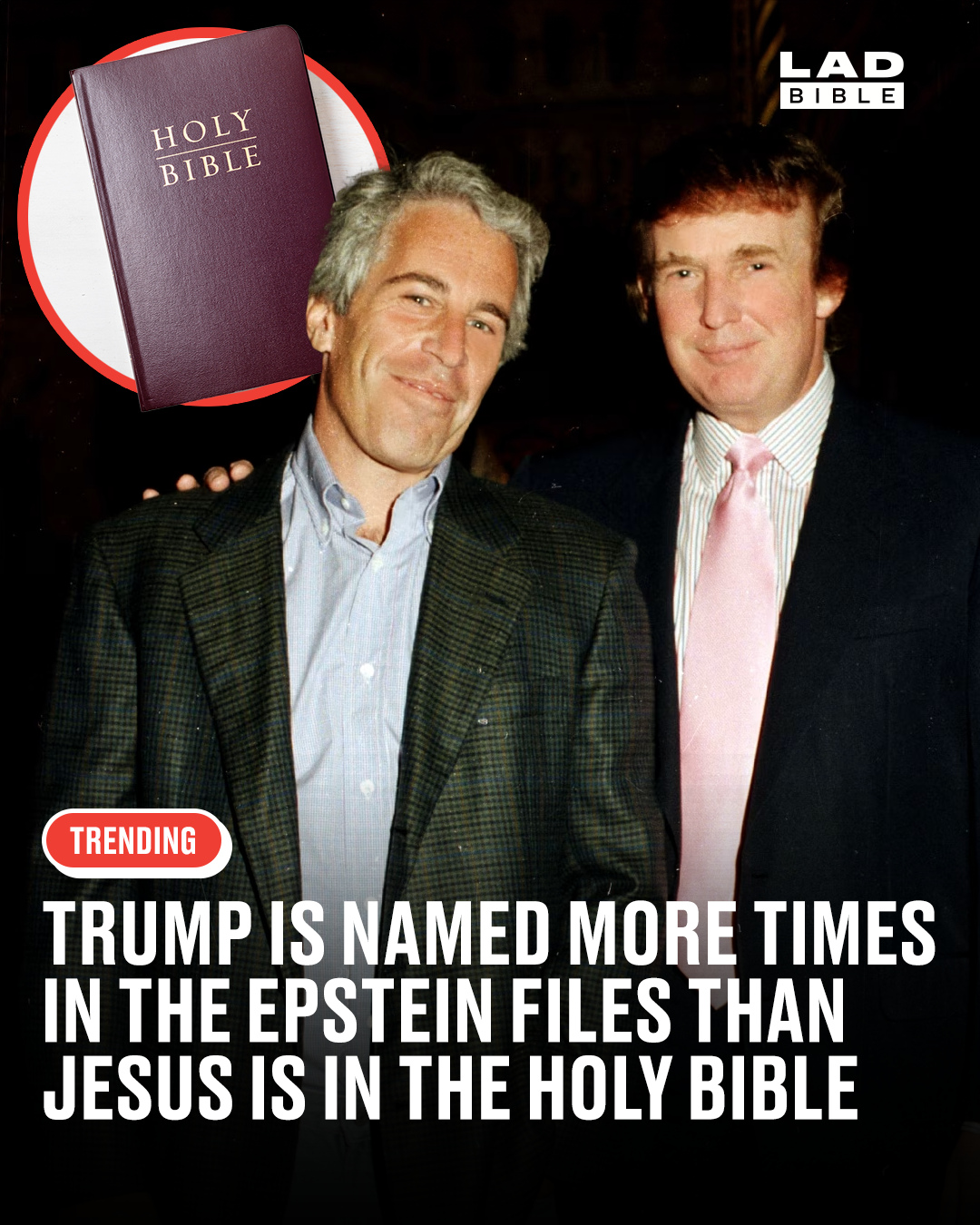 Donald Trump’s name is allegedly mentioned more times in the Epstein files than Jesus is in the Bible 📖⁠
⁠
A review by The New York Times found Trump’s name appears around 38,000 times across over 5,300 Epstein-related documents, including court records, contact lists, and media clippings.⁠
⁠
As well as the name "Jesus" appears approximately 1,281 times in the New International Version (NIV) of the Bible.