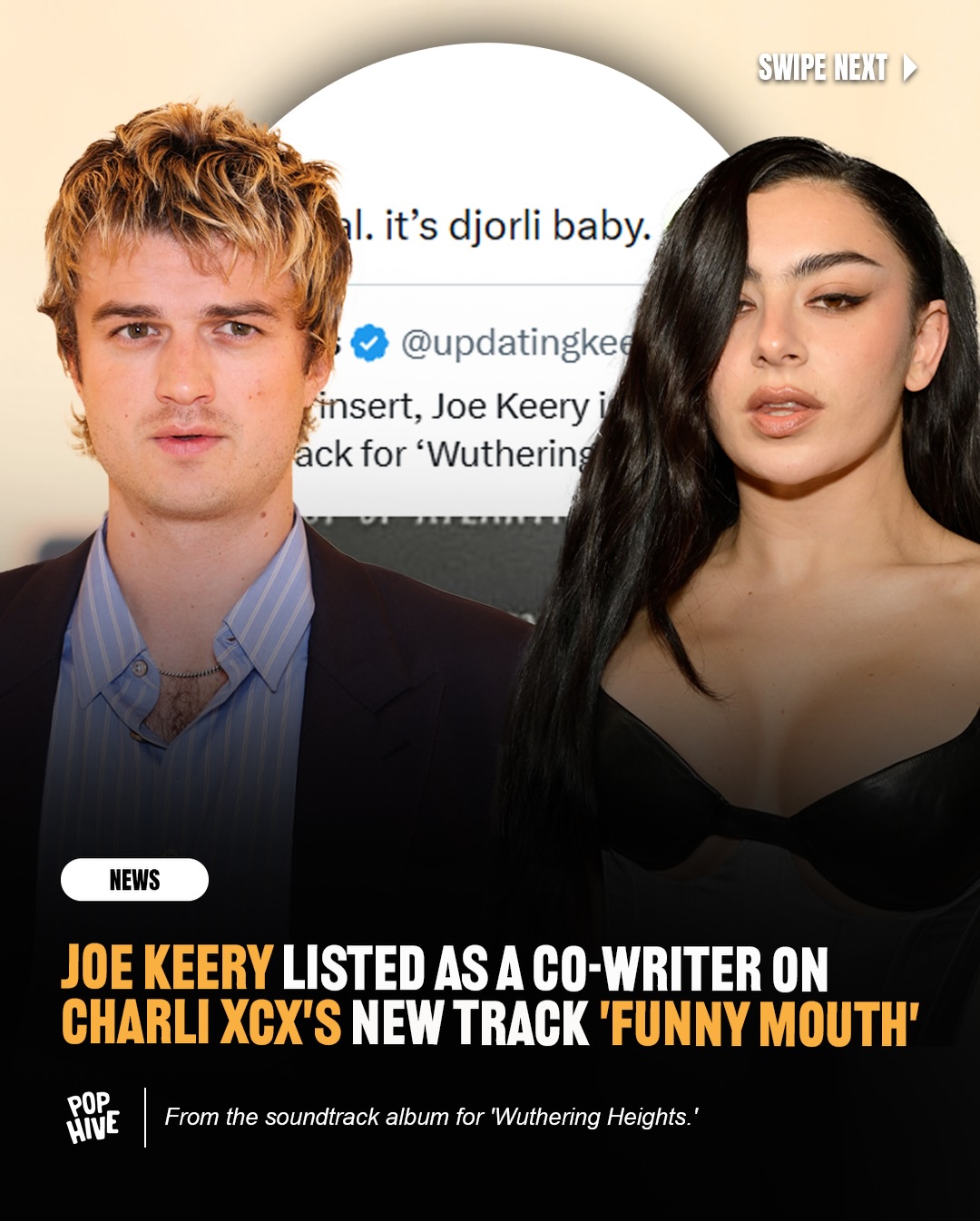 Fans clocked a surprise in the Wuthering Heights credits 👀 Joe Keery is listed as a co-writer on Charli xcx’s “Funny Mouth.”

The track was also penned by Charli herself and longtime collaborator Finn Keane. The full Wuthering Heights soundtrack drops tomorrow. 🖤