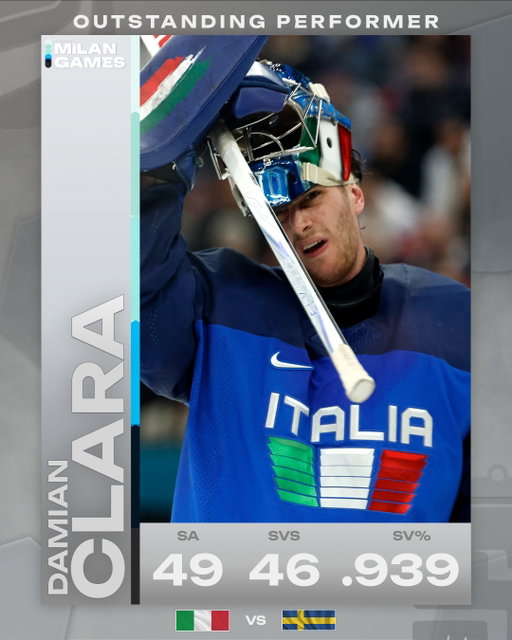 Damian Clara, take a bow👏

The Italian🇮🇹 netminder - and Anaheim Ducks prospect - turned aside 46 of 49 shots in a heroic effort against Sweden🇸🇪 in the tournament opener before exiting in the third period due to injury.

#MilanoCortinaOlympics2026