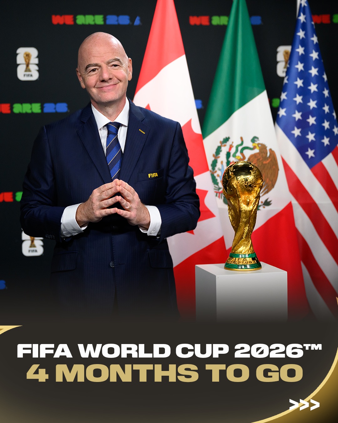 Just four months to go! ⏳

The countdown to the FIFA World Cup 2026 is well and truly on, with 🇺🇸 🇲🇽 🇨🇦 preparing to welcome the world for the biggest and most inclusive edition in history. With 48 teams, 104 matches and 16 Host Cities across three countries, the stage is being set for a truly global celebration. 🌍✨

So far, 42 teams have already qualified, with six more places still to be decided, as nations across every confederation continue their journey towards North America. Dreams are alive, excitement is building, and football is bringing the world together. 🏆🌎

The wait is almost over. ⚽

#FootballUnitesTheWorld