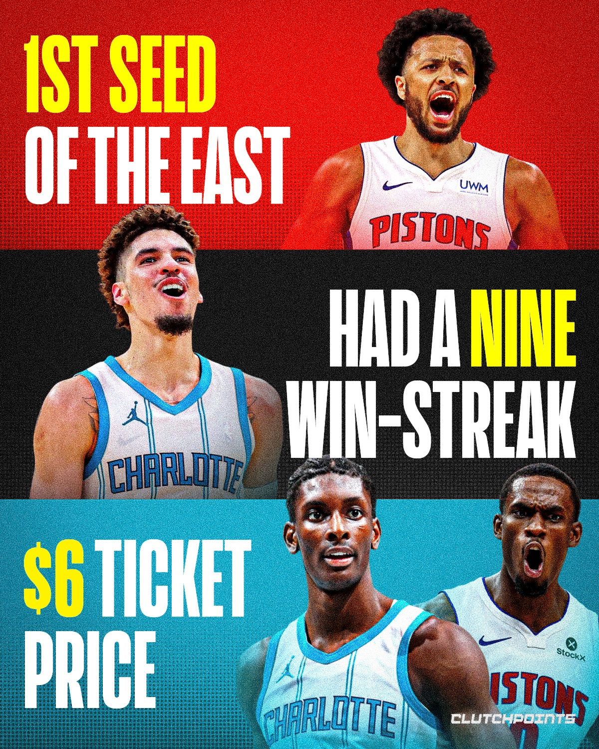 The Detroit Pistons were the #1 seed in the East, while the Charlotte Hornets were riding a franchise-best 9-game winning streak. 

You had Cade Cunningham, Jalen Duren, LaMelo Ball, Brandon Miller, and Kon Knueppel all sharing the floor in a high-stakes battle for Eastern Conference supremacy.

In any other city, a heavyweight matchup like that would cost you a week's paycheck. 

But at the Spectrum Center? The get-in price was a total heist.

And the get-in price was only $6. STEAL.

For less than the price of a footlong sub, fans witnessed a game that had everything…

A clash of titans, a massive 9-game streak on the line, and even a mid-game brawl that saw four ejections. 

The energy was playoff-level, but the price tag was clearance rack.

If you weren't in the building for $6, you missed out on the greatest ticket value in the history of the Association.