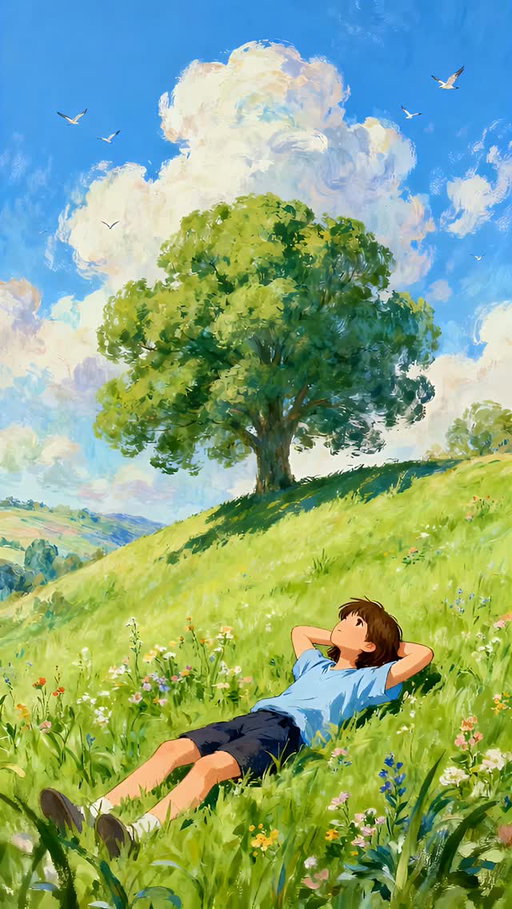 Just you, the breeze, and a sky that feels endless 🌿☁️
Peace looks a lot like this.

Created using @reve_image 

#ghiblivibes #peacefulaesthetic #aivideo #digitalart #naturedreams