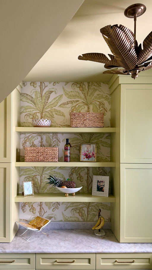 Welcome to the Butler’s Pantry at Greek Villa! This walk-in pantry has the ultimate storage capacity to hideaway appliances and clutter to reveal a funky, fabulous, and totally unique space.  Have I sold you on chartreuse yet? 🍋🍐
My favorite color to pop in unexpected spaces! 

Check out our design services at meganmolten.com and if you’re interested in Greek Villa, check out the market listing at @thecalebpearsonteam ☁️