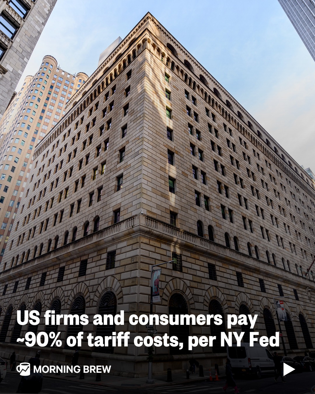 Who’s paying for the tariffs? If you're an American, take your finger and point it at your chest.⁣
⁣
In a new study, the New York Fed looked at the first 11 months of 2025 and found that Americans shouldered nearly all of the tariff costs.⁣
⁣
From January to August, US businesses and consumers paid 94% of the tariff burden. That improved to 92% over the next two months, and settled at 86% in November, the last month the study authors analyzed.⁣
⁣
The New York Fed mentions the fact that the findings are similar to research published earlier this year by the Kiel Institute and the National Bureau of Economic Research.⁣
⁣
President Trump has repeatedly argued that the tariff burden falls on foreign producers.⁣
⁣
📸: Getty