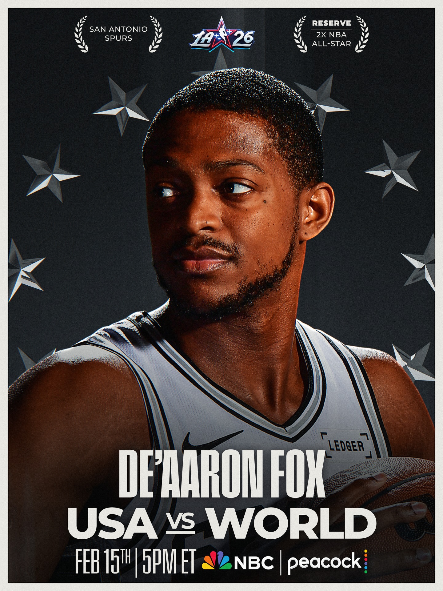 San Antonio Spurs guard De’Aaron Fox has been named by NBA Commissioner Adam Silver to replace injured Milwaukee Bucks forward Giannis Antetokounmpo in the 2026 NBA All-Star Game (Sunday, 2/15, 5pm/et, NBC & Peacock). Fox will join USA Stripes, while Miami Heat guard Norman Powell, who has ties to Jamaica, will move from USA Stripes to Team World.