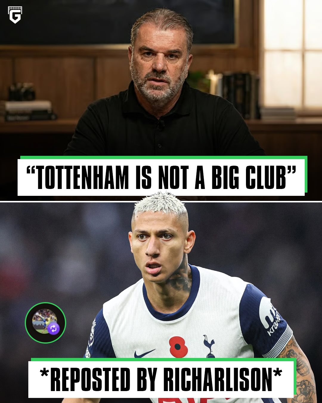 Richarlison reposted an Instagram post of Ange Postecoglou talking about the Tottenham’s lack of ambition and how they don’t match their own ‘to dare is to do’ motto 😳

Big Ange went as far as to say that Tottenham are ‘not a big club’ 😅

Richarlison is still a Spurs player by the way ☠️