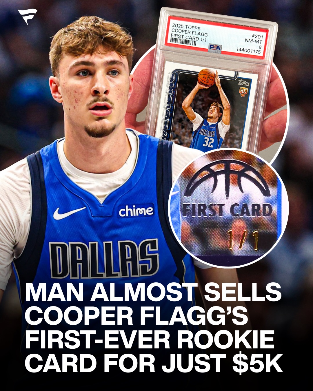 Someone just bid $16,500 for this card in our auction 😅

A hobby shop owner in Minnesota was at a card show when someone walked up to his table with the first Cooper Flagg rookie card ever made. The seller didn’t know much about it, only knowing it was a 1/1, and asked $5,000 for it.

They explained to the collector the significance of the card and ended up walking away with a fair deal. The same card is now live on Fanatics Collect with 7 days left in the auction.