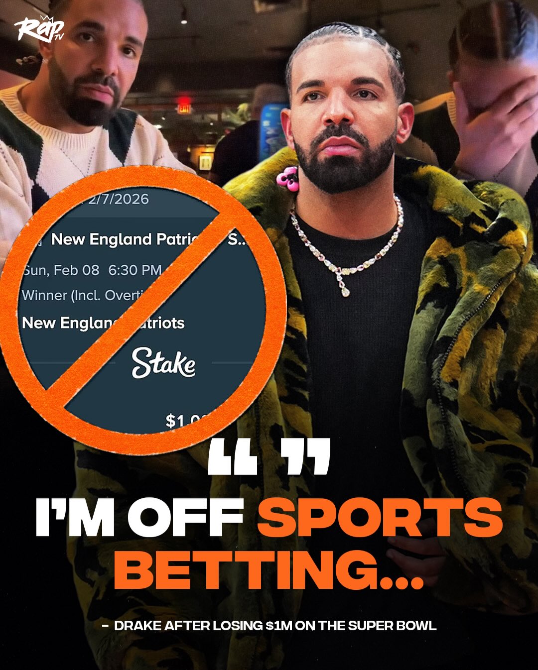 #Drake swears off sports betting after he and BenDaDonnn hit roulette on @Stake for $7 Million just days after Drake lost $1 Million taking the New England Patriots to win the Super Bowl. 

“I’m off sports betting… sticking to what I know…” - Drake 

Y’all believe him⁉️

#StakePartner
