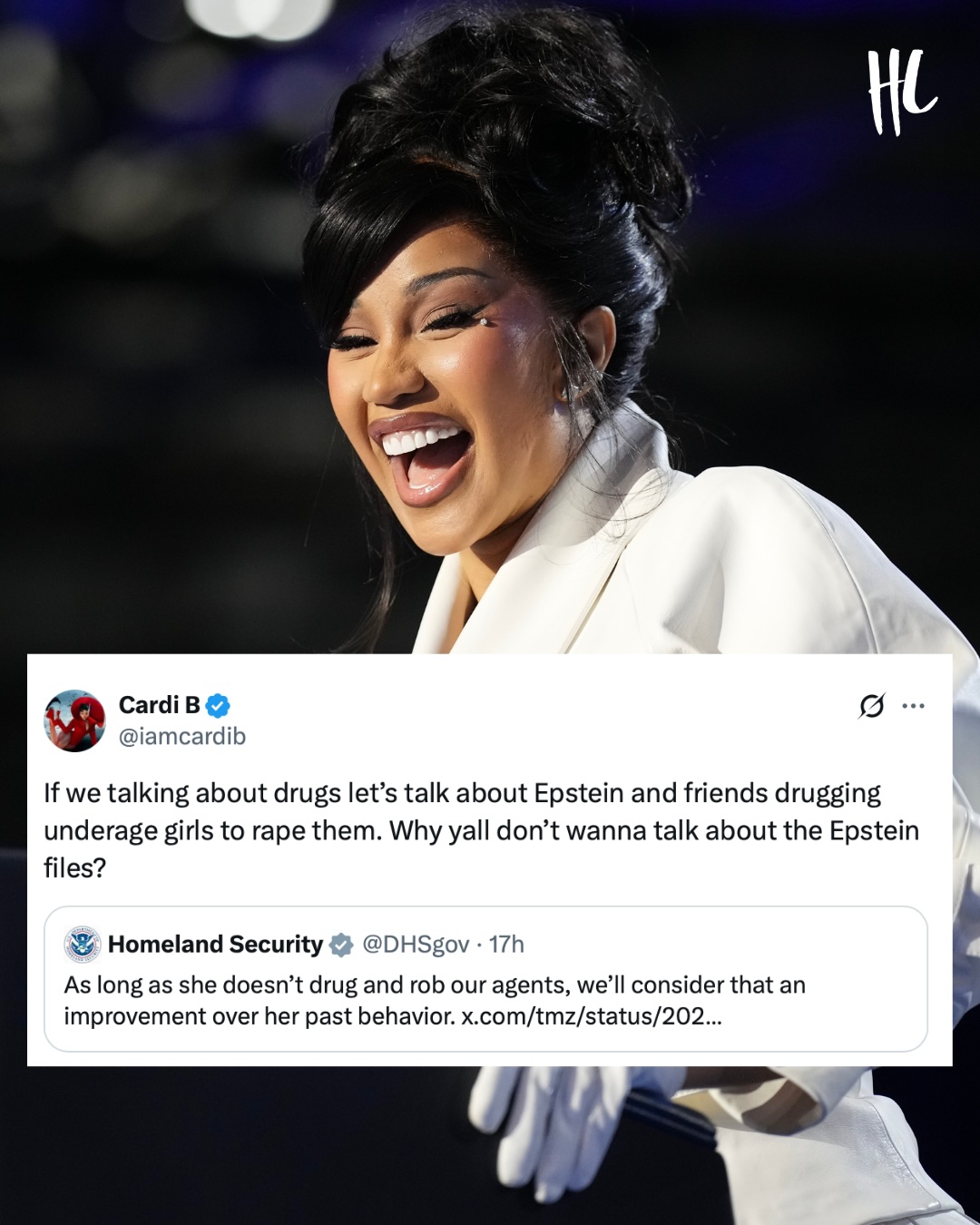 One thing about Cardi B is that she won't mince words. After she went viral for saying she'll "jump" ICE agents' "asses" if they came to her recent concert, the Department of Homeland Security called her out in a tweet. 

"As long as she doesn't drug and rob our agents, we'll consider that an improvement over her past behavior," a tweet read from the DHS. 

In response, the "I Like It" rapper clapped back by tweeting, "If we talking about drugs, let's talk about [Jeffrey] Epstein and friends drugging underage girls to rape them. Why yall don't wanna talk about the Epstein files?" (📸: Getty Images; X.com)