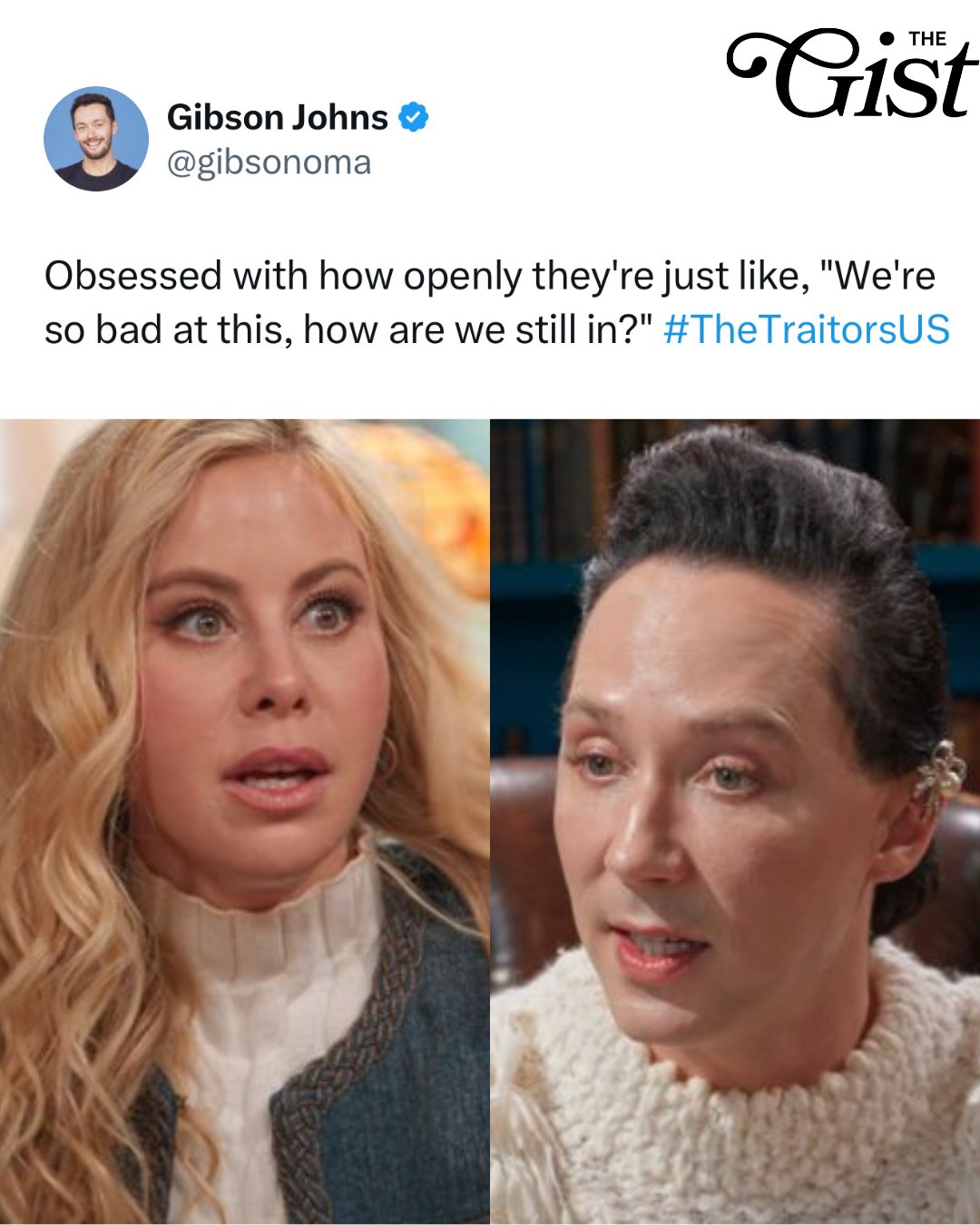Lovable messes. 🫶⁣
⁣
ICYMI: Former Olympians and NBC Sports figure skating analysts Tara Lipinski and Johnny Weir are competing on this season of The Traitors… and while Olympic rinks are no problem for these two, the Traitors castle? A whole different story. 😂⛸️⁣
⁣
The longtime duo entered the game trying to downplay their close friendship to avoid becoming targets. It quickly became clear, though, that not everyone in the castle realizes just how iconic and close they are. 👀⁣
⁣
With both of them close to banishment in the latest episode, they finally laid it all out there to save themselves—and well… it worked. The power of friendship. ✨⁣
⁣
Outside the castle, Lipinski and Weir are kind of a big deal. The longtime duo are working their seventh Olympic assignment together this year and their fourth Winter Games covering figure skating for NBC Sports. Both are U.S. Figure Skating Hall of Famers, with Lipinski still the youngest individual Olympic gold medalist in skating history — winning her gold at just 15 years old (!!) — while Weir is a two-time Olympian and 2008 world bronze medalist. 🏅⁣
⁣
Needless to say… we’re still very shocked their fellow Traitors didn’t recognize them. 😅⁣
⁣⁣
#popculture #figureskating #olympics #thetraitorsus ⁣