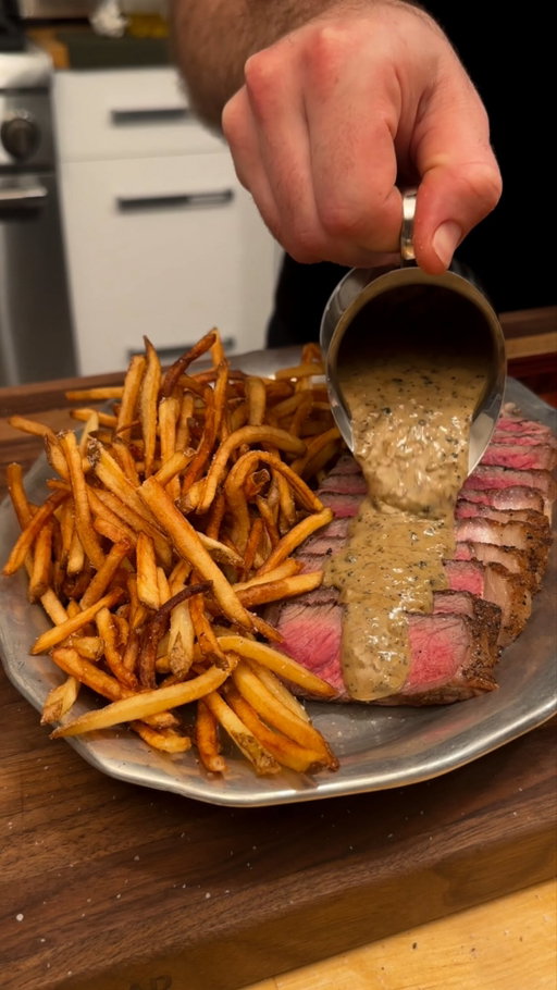 Cancel the reservation for tomorrow, this is how you say “I love you” with food. Sometimes the move is steak frites at home. Thin, crispy fries. A perfectly seared steak. And that peppercorn sauce that makes everyone at the table go quiet- shallots, brandy, cream, and an unapologetic amount of crushed peppercorns.

It’s classic, always fun, and way easier than people think. Feels like a Paris bistro, eats like a love language.

Full recipe is on BenGingi.com

YASSS!