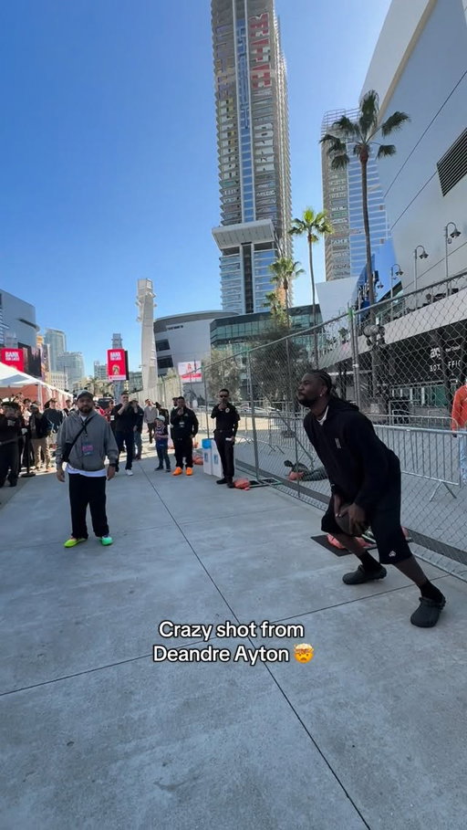 @deandreayton made this crazy shot at the @Crocs space at the Foot Locker Takeover experience at #AllStarWeekend 🤯