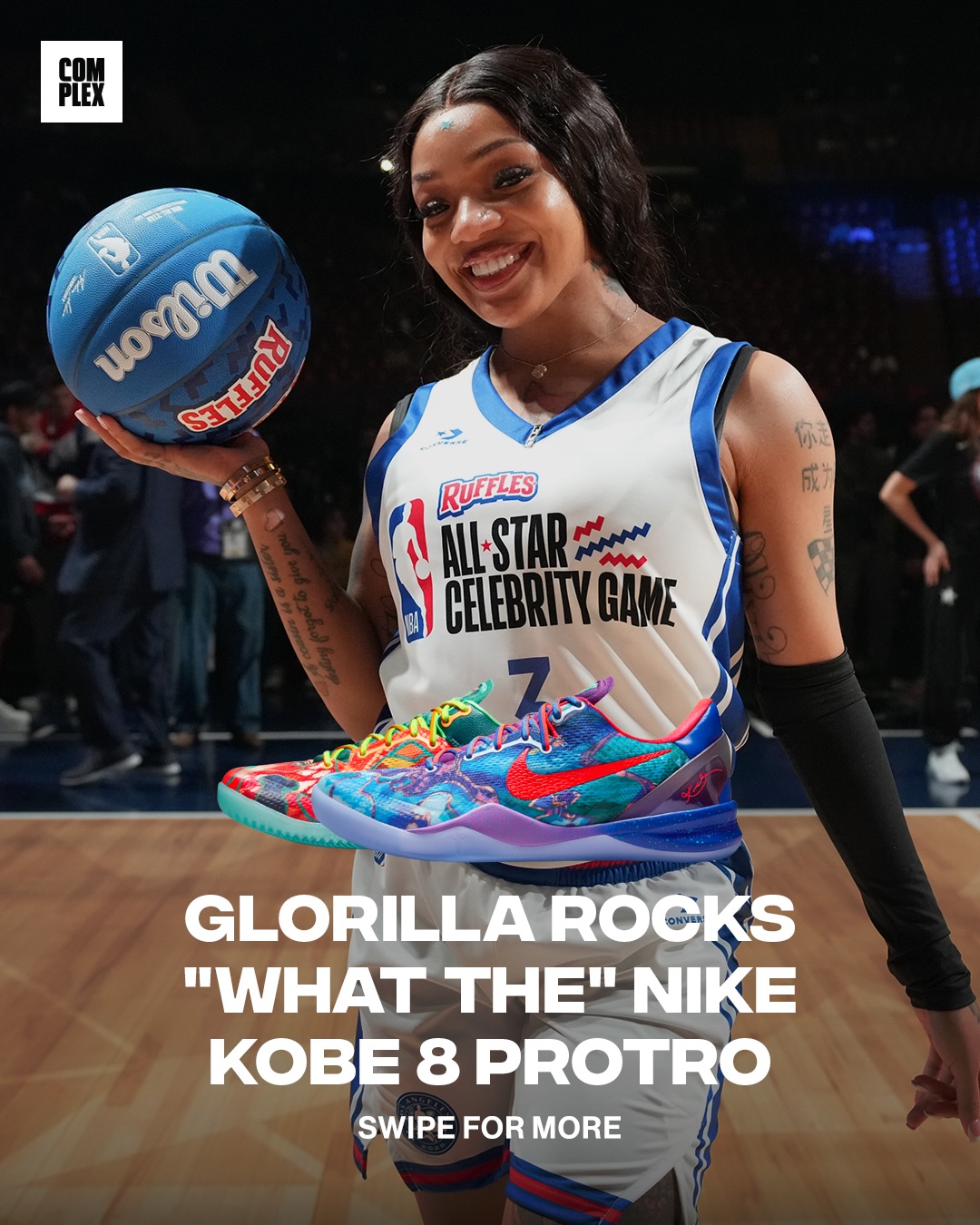 @glorillapimp hit the court for the NBA All-Star Celebrity Game in “What The” Nike Kobe 8 Protro 🏀