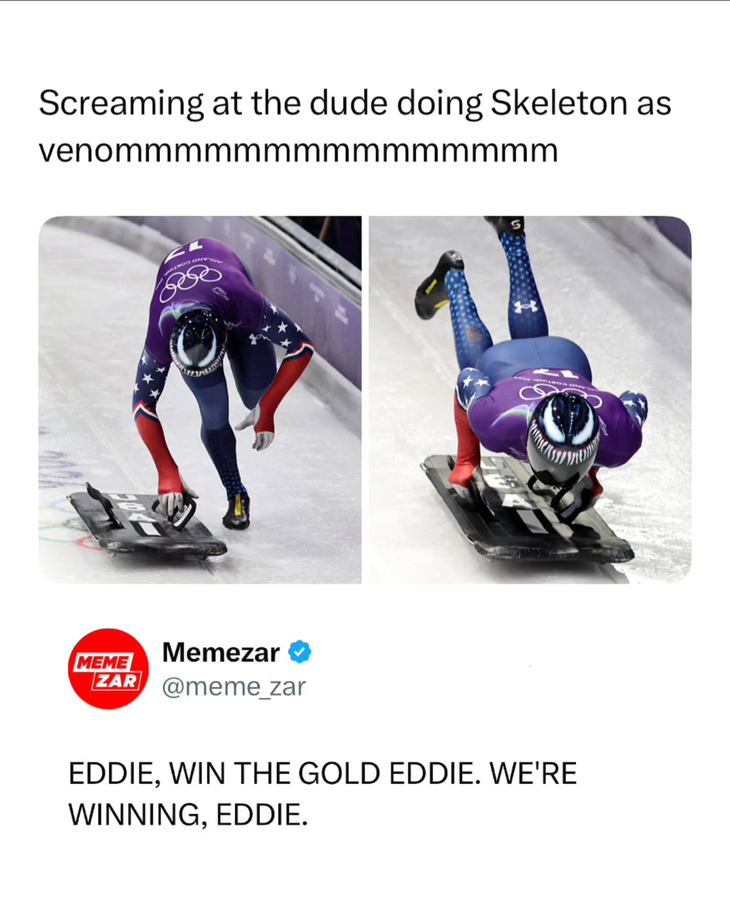 Who knew Winter Olympic skeleton helmets went this hard?
_
The Winter Olympics never fail to give us iconic moments, but this one feels straight out of a Marvel crossover. United States’ Austin Florian launching into his men’s skeleton run in Cortina d’Ampezzo looks less like a race and more like Venom chasing gold at full speed. When the helmet goes down and the ice starts flying, you already know Eddie is locked in.

At the 2026 Winter Olympics, it’s not just about the sport, it’s about the energy, the intensity, and the characters these athletes become on the track. One blink and he’s gone, sliding toward the podium like there’s a symbiote screaming one thing in his head… win the gold, Eddie.
_
Like this content? Follow us for more @Memezar 💓