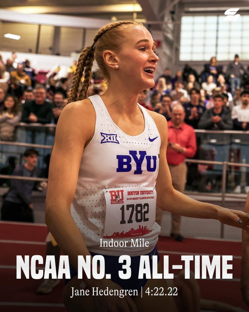 Jane with the RANGE 👏

BYU freshman Jane Hedengren just keeps thriving at every distance, running 4:22.22 in the mile at the BU Valentine Invitational to dip under the old collegiate record and land at #3 on the all-time list behind Oregon’s Wilma Nielsen and her teammate Riley Chamberlain, the new NCAA record holder at 4:20.61.

📸 @justinbritton