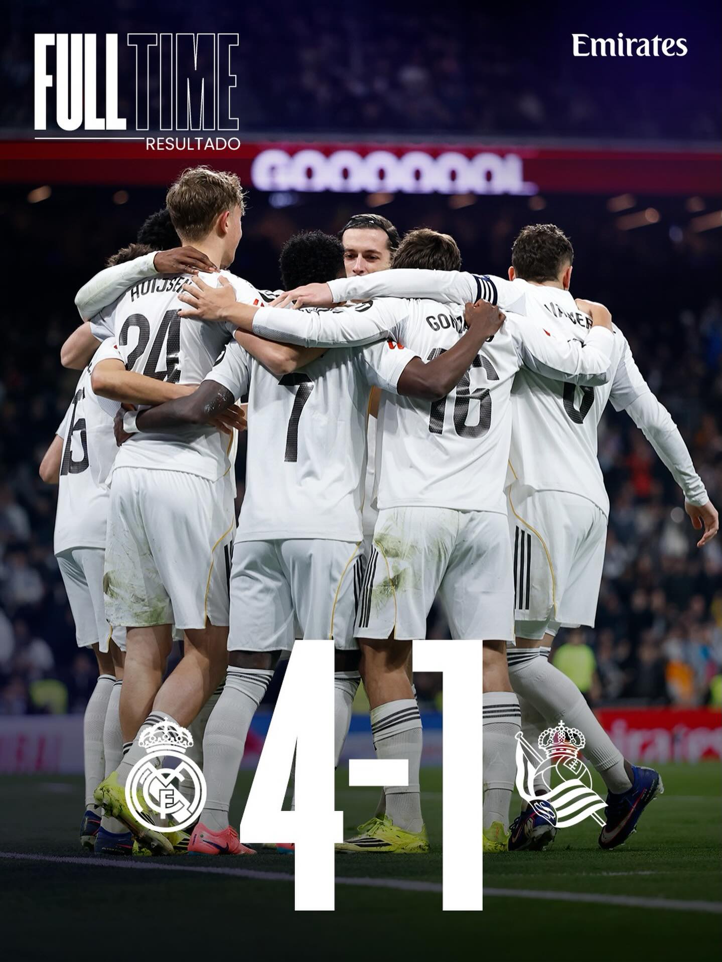 🏁 FT: Real Madrid 4-1 Real Sociedad
⚽ 5’ @gonzalogarcia7_ 
⚽ 21’ Oyarzabal (p)
⚽ 25’ @ViniJr (p)
⚽ 31’ @FedeValverde
⚽ 48’ @ViniJr (p)
@Emirates | #RealMadridRealSociedad