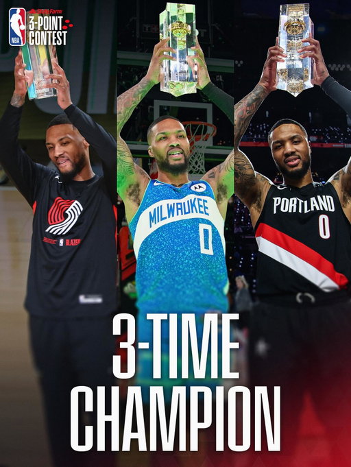 Dame Time… three times 🏆🏆🏆 @damianlillard has now won the @statefarm NBA 3-Point Contest three times in his career, joining Larry Bird and Craig Hodges as the only players to do so! ⭐️