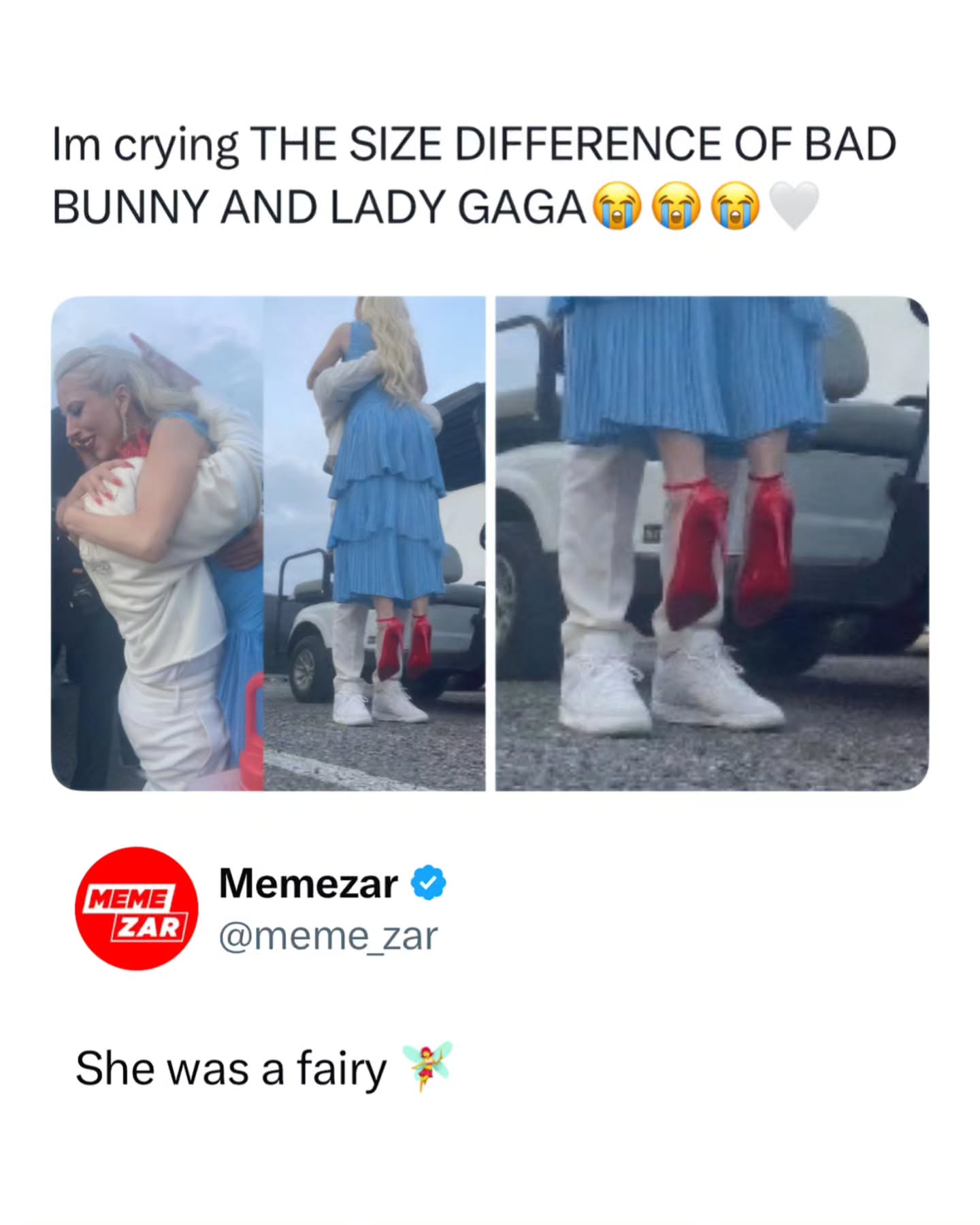 😭😭

_

The Super Bowl LX halftime show was an absolute cultural reset, featuring a powerhouse collaboration between Bad Bunny and Lady Gaga. Benito turned Levi’s Stadium into a vibrant Puerto Rican "vecindad," but the energy shifted completely when Gaga made a surprise entrance in a stunning gown. Together, they performed a soulful, salsa-infused version of "Die With a Smile," blending her legendary vocals with his signature Caribbean flow for a moment that felt both intimate and massive.
The performance reached its emotional peak with a live wedding on the field, transforming the game into a celebration of love and unity. Gaga later praised Bad Bunny’s "beautiful heart" on social media, while the finale featured a star-studded appearance by Ricky Martin. With over 128 million viewers tuning in, the "Benito Bowl" officially became one of the most-watched halftime shows in history, proving that music truly has no borders.
Quick Stats:
 * Viewership: 128M+ (New Record)
 * Special Guests: Lady Gaga, Ricky Martin, and Cardi B
 * Key Moment: The salsa remix of "Die With a Smile"

Like this content? Follow us for more @Memezar ❤️