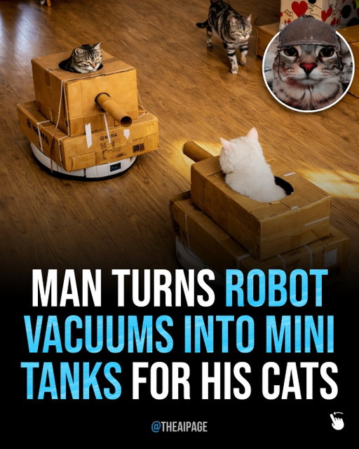 Sometimes the best ideas are the simplest ones. One cat owner transformed ordinary robot vacuums into tiny moving tanks, giving his cats a front-row seat as they cruised around the house in custom cardboard vehicles.

Using nothing more than boxes and paper tubes, he turned everyday tech into something unexpected and genuinely funny.
- - - - -
Double Tap ♥️ & share/tag a friend
Follow @theaipage to keep up!
🎥 Video: naturelife_ok | X 📌
- - - - -
#AIFun #TechCreativity #ViralInnovation