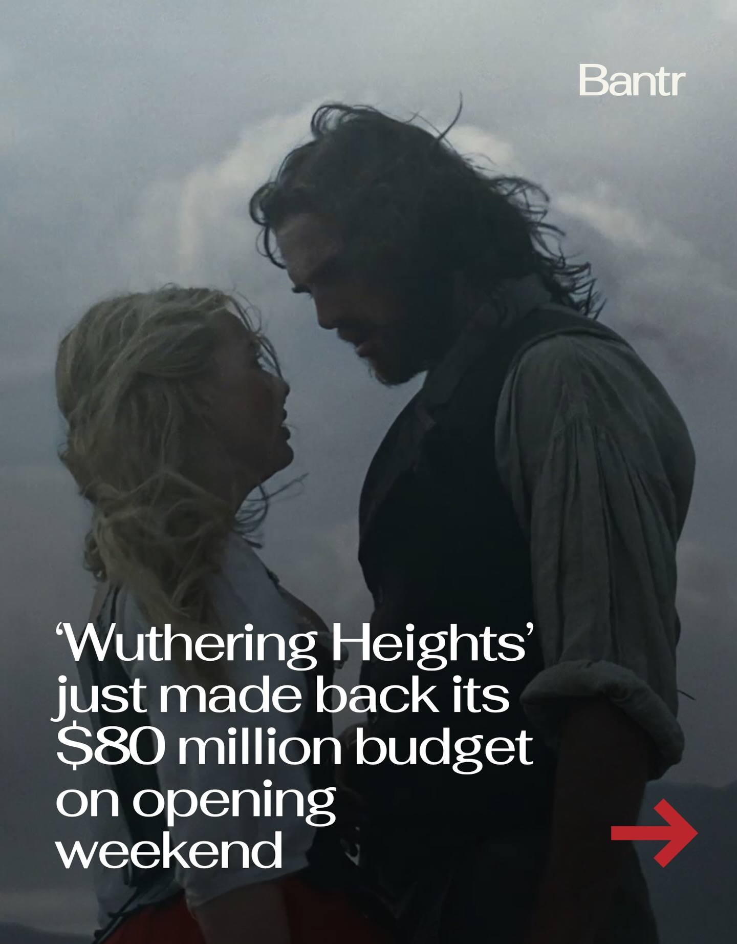A novel published in 1847 just pulled in $82 million worldwide.

Wuthering Heights opened to $40 million domestically and $42 million internationally over the holiday weekend, bringing its global debut to $82 million against an $80 million production budget.

In other words, it has already matched its production cost in its first three days (and the weekend isn’t over).

Directed by Emerald Fennell and starring Margot Robbie and Jacob Elordi, the R-rated romantic drama leaned into the novel’s darker, obsessive energy and became the clear Valentine’s Day choice. More than 75 percent of opening weekend audiences were women.

The filmmakers reportedly passed on a $150 million streaming offer in favor of a wide theatrical release. Good choice.

For a story once dismissed as savage and immoral, this is a strong modern comeback.

Media via Wuthering Heights/Warner Bros

#bantrwomen #wutheringheights #margotrobbie #jacobelordi