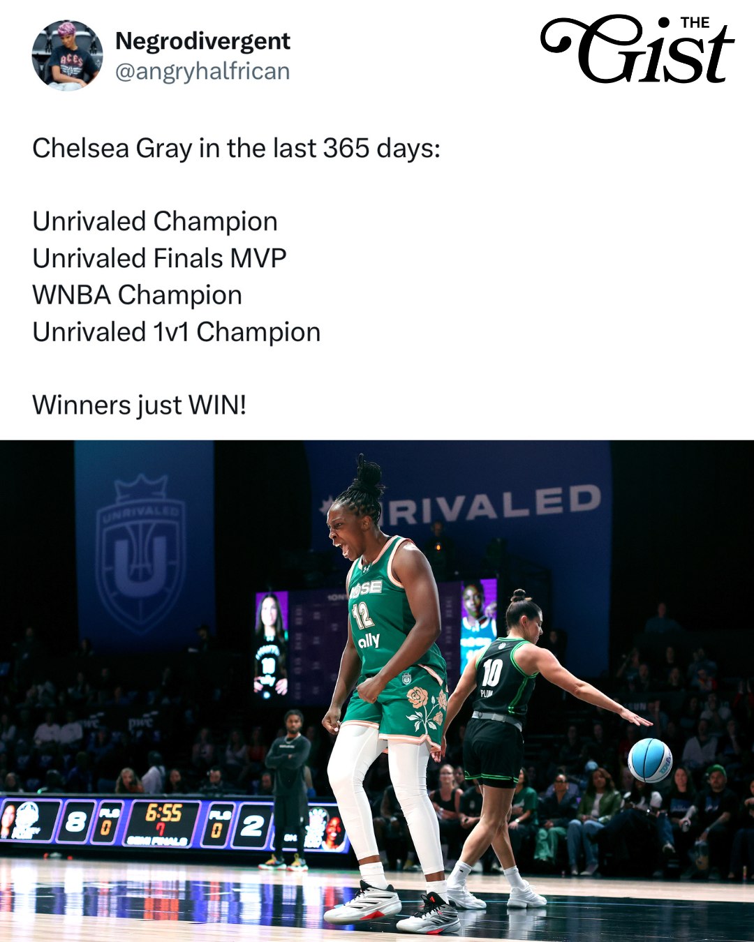 Chelsea Gray was LOCKED IN. 🔥⁣
⁣
Chelsea Gray defeated Allisha Gray in a three-game war in the finals to claim the 2026 Unrivaled 1-on-1 tournament title – and the $200,000 prize. 👏⁣
⁣
Four WNBA titles. A WNBA Finals MVP. A WNBA Commissioner’s Cup title. A Commissioner’s Cup MVP. An Unrivaled Finals MVP. And now, an Unrivaled 1-on-1 tournament championship. That trophy case is getting real full. 🏆⁣
⁣
Perhaps the wildest stat to come out of the win? The $200,000 payday is more than Gray made in the WNBA last season, when she earned $196,267 with the Las Vegas Aces. 👀⁣
⁣
The matchup went the distance, extending to three games, with Chelsea Gray drilling the tournament-winning three. As the runner-up, Allisha Gray took home $50,000 — and the two Grays absolutely put on a show. 👏⁣
⁣
"First I want to shout out Lish, man. A round of applause for Lish. Something about that last name, man, I swear. Man, we were exhausted," Chelsea Gray said. I was just telling [Jackie Young], I'm done with the sprints. But man, just a testament to the hard work that I put in all the time." 🤩⁣
⁣
#womenssports #basketball #unrivaled ⁣
