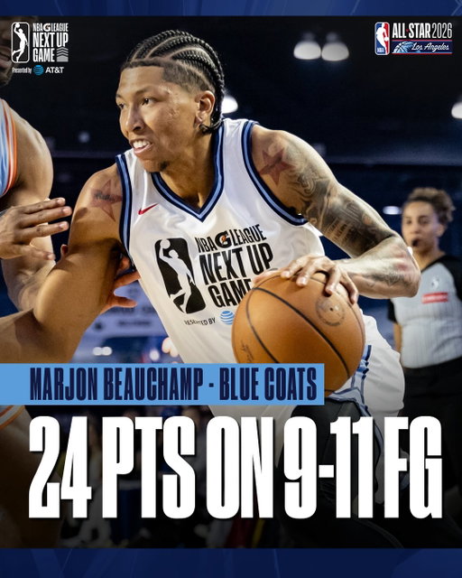 @sixers Two-Way MarJon Beauchamp was spectacular in the 2026 G League Next Up Game! He led all scorers with 24 PTS on 9/11 FG and 4/6 3PT. 💫 #NBAAllStar