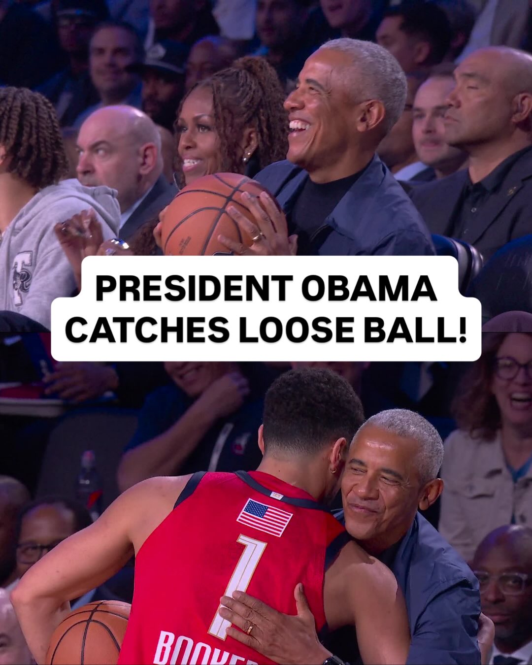 President Barack Obama comes up with the loose ball courtside! The 2026 NBA All-Star Game is live on NBC & Peacock.