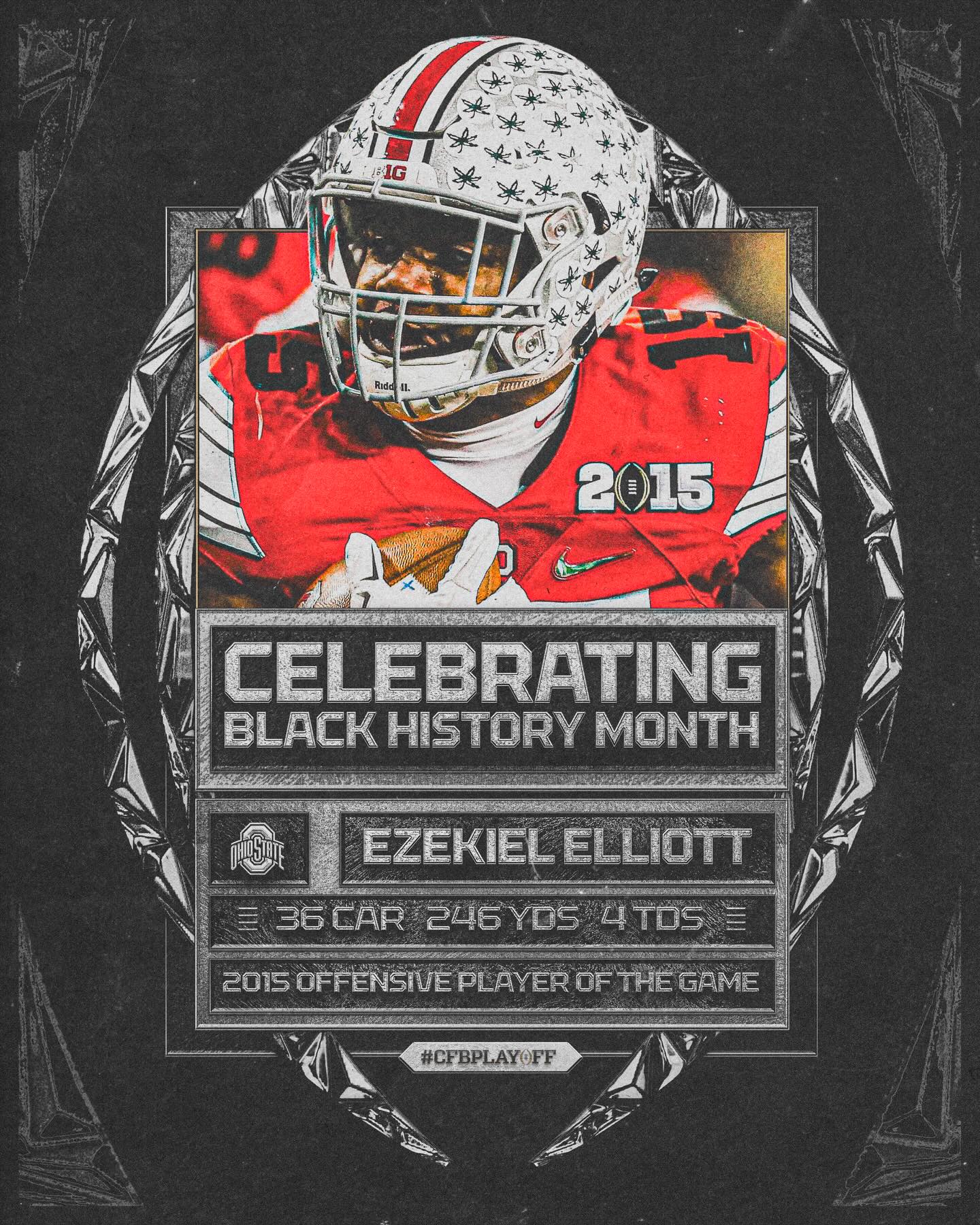 Celebrating Black Excellence🤩

2015 CFP National Champion and former Ohio State running back, Ezekiel Elliott, earned Offensive Player of the Game after a 4️⃣-touchdown performance against Oregon. 

#CFBPlayoff #BlackHistoryMonth
