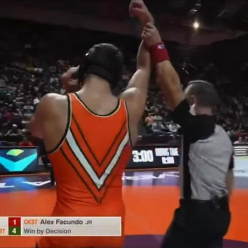 174 | No. 6 Alex Facundo (OSU) over No. 29 Sergio Desiante (VT) dec. 4-1.

Facundo counters a cross-ankle pick, ducks under, and scores a takedown for a 4-1 lead with two seconds left. Facundo wins 4-1.