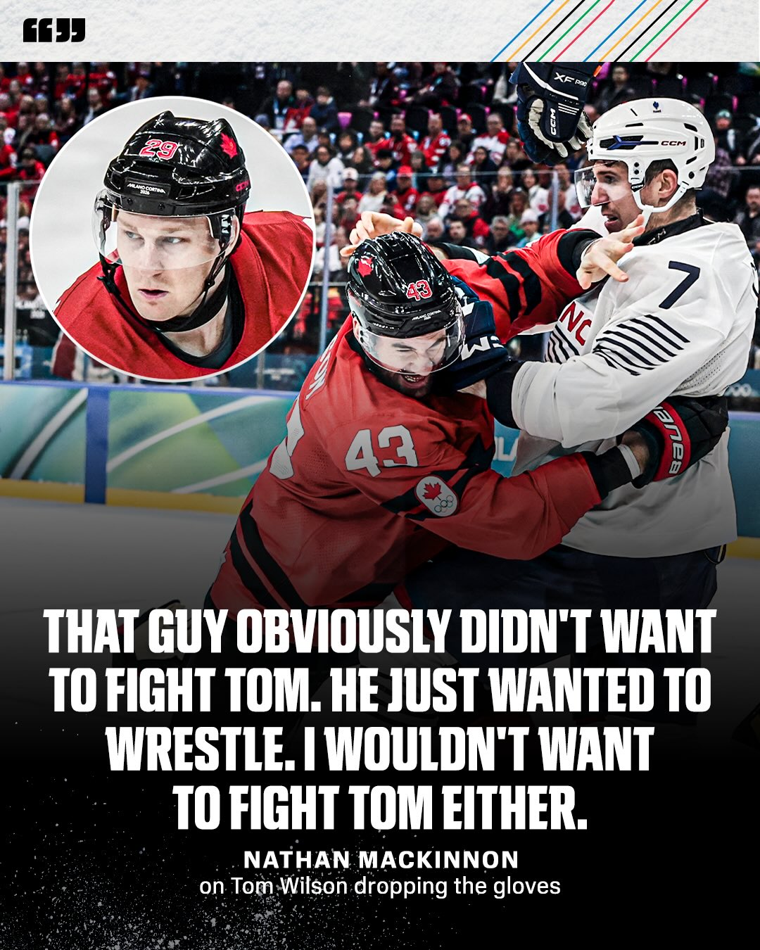 Team Canada’s stars have nothing but respect for Tom Wilson after he dropped the gloves in the Olympics 😤

Wilson and France’s Pierre Crinon briefly scrapped after Crinon’s hit up high on Nathan MacKinnon.