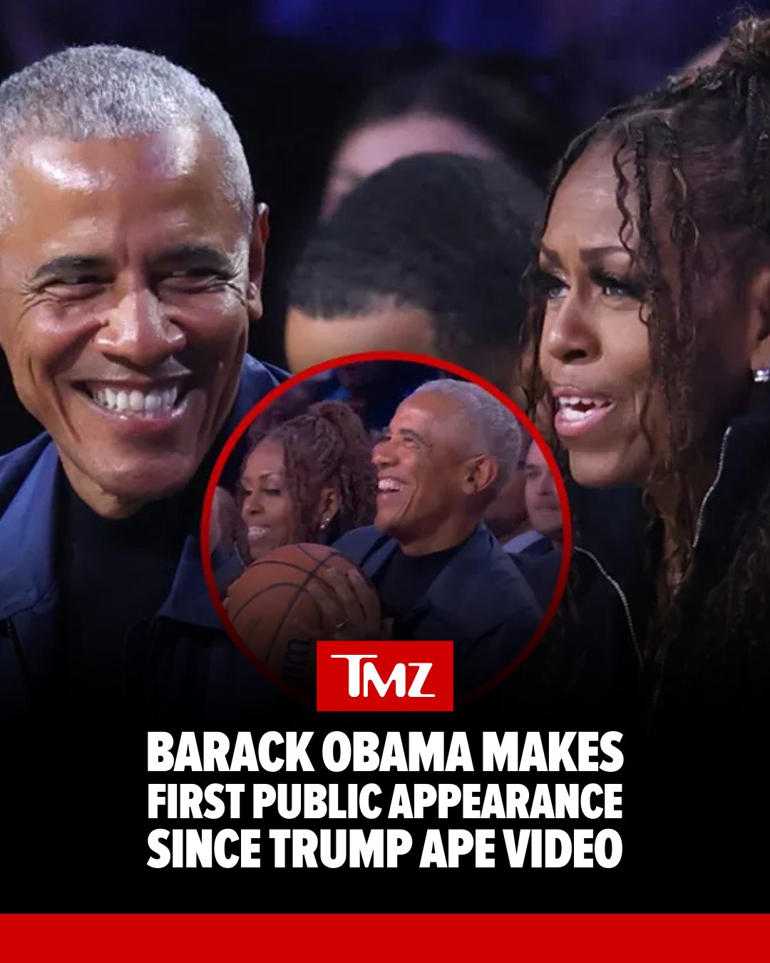 Former President Barack Obama made his first public appearance since the viral video President Trump posted, depicting Barack and former First Lady Michelle Obama as apes -- sitting courtside at the NBA All-star game Sunday.

See more at the link in bio.