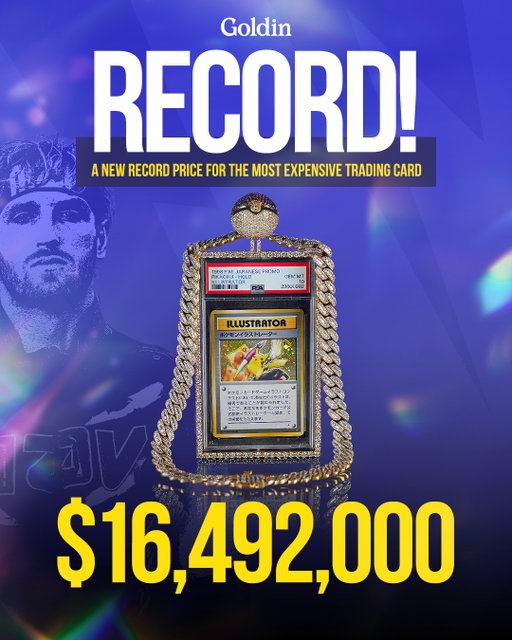 🚨 BREAKING: NEW RECORD $$$ FOR A TRADING CARD 🚨

The Most Expensive Trading Card EVER!

Final Sale Price on the @LoganPaul Pikachu Illustrator PSA GEM MT 10: $16,492,000

Email Sell@Goldin.com to consign your Collectibles to one of our upcoming Auctions! 🙌
