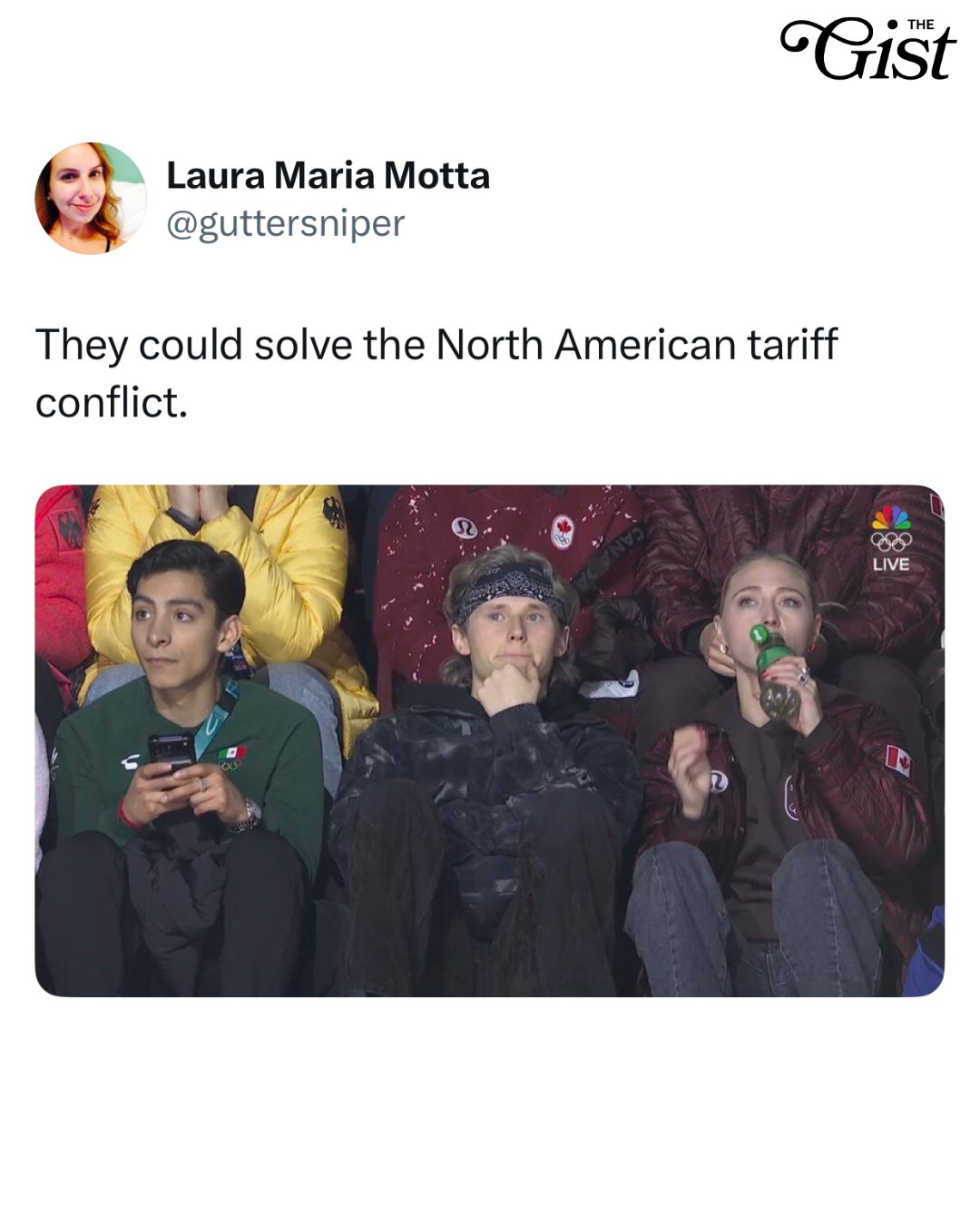 Welcome back, NAFTA. 🇲🇽🇺🇸🇨🇦⁣
⁣
Mexico's Donovan Carillo, United States' Ilia Malinin and Canada's Piper Gilles watched the pairs' short program at the 2026 Olympic Winter Games on Sunday. ⛸️⁣
⁣
Obsessed. What do you think they were talking about? 🥹⁣
⁣
#figureskating #icedance #sports #teamcanada #teamusa #milanocortina2026