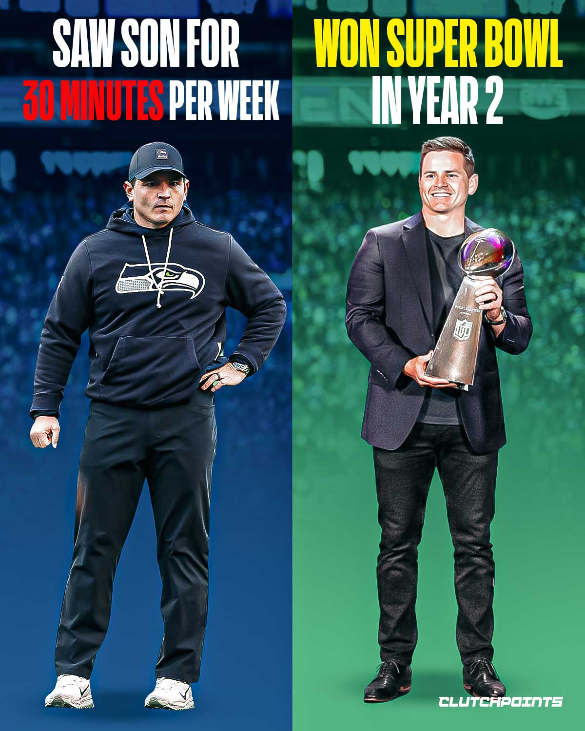 Before the confetti fell, Mike Macdonald was brutally honest about the price of the ring. 

In a candid moment during the playoff push, he admitted that for most of the season, his time with his son, Jack, was limited to a specific window: 

30 minutes on Thursday nights. 

"I try to get home pretty quick to be with him, maybe a half-hour to an hour before he goes to bed," Macdonald said. 

"Then I go back to the setup at my house to work on the game plan." 

For the rest of the week? He was Findlay a way to with the Super Bowl. 

Film sessions until midnight. 

The relentless pressure to turn a franchise around. 

Two years into the job, that "absentee" grind has turned into a Lombardi Trophy. 

It serves as a stark reminder that rings are built in the quiet, lonely hours of a Tuesday morning, in missed milestones, and in the "Thursday 30" that keeps you going.

For Macdonald, the sacrifice was extreme. 

But so is the reward. 

Super Bowl Champion in Year 2.

But, at the end of the day, as Dominic Toretto has said in several Fast and Furious films, family is the most important thing.

Hopefully, coach Macdonald will spend a ton of time this offseason with his son.