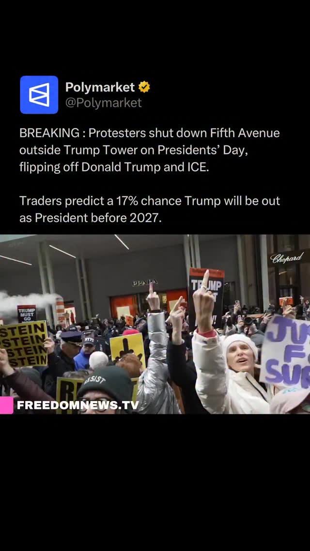 Protesters shut down Fifth Avenue outside Trump Tower on Presidents’ Day, displaying Jeffrey Epstein posters and signs reading “Trump must go” while demonstrating against President Trump.