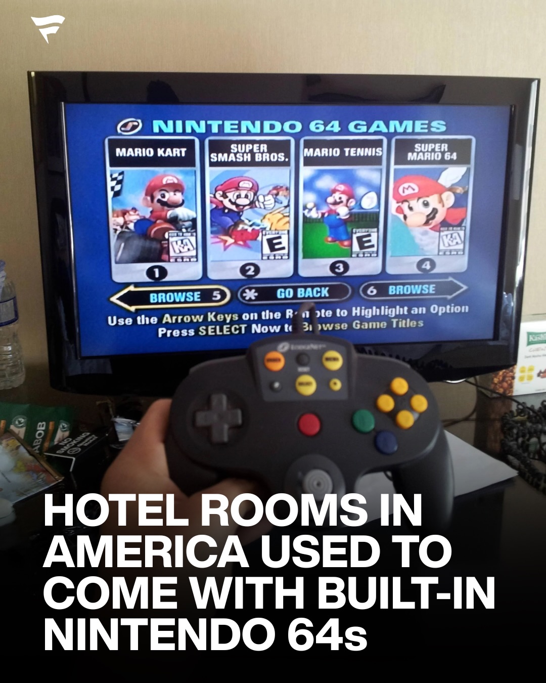 Some hotel rooms in America used to come with a built-in Nintendo 64 👀

In the late 1990s and early 2000s, thousands of hotels partnered with a company called LodgeNet to offer N64 games directly through the in room TV.

Guests could choose from titles like Super Mario 64, Mario Kart 64, Super Smash Bros., Mario Tennis, and more using a modified controller tethered to the dresser. Play time typically cost around 6.95 to 10 dollars per hour and was billed straight to the room.

LodgeNet worked with Nintendo to turn hotel televisions into on demand entertainment systems years before digital storefronts or modern consoles made that normal. No cartridges, no memory cards, no bringing your own system, just press Menu on the remote and start playing.