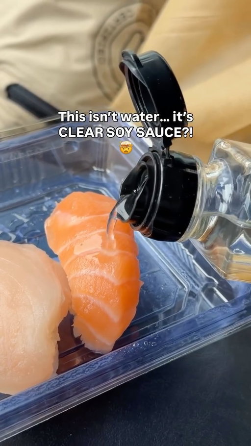 This isn’t water… it’s CLEAR SOY SAUCE 🤯 

Saw this on @fujiyabc IG and had to get it! It tastes exactly like soy sauce without the dark color. An advantage of this is that it won’t stain your clothes or dishes!