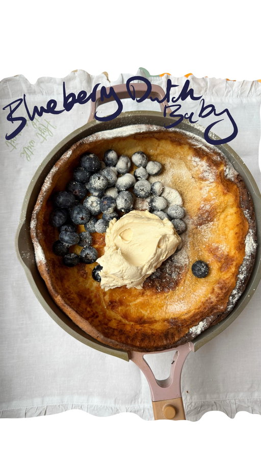 ONE BOWL CAKES
Ep. 31 Blueberry Dutch Baby Pancake with Orange Blossom Mascarpone Cream using @fruitistgoberry blueberries 
My love for pancake day runs deep and I am celebrating with these stunning blueberries from @fruitistgoberry . Not only are they extra chunky but, also delicately sweet.  They have just launched exclusively in Whole Foods, so go and grab them to adorn your pancakes for the big day. This Dutch Baby is all you need! 
Serves a greedy 2-3
Ingredients:
For the Dutch baby
3 medium eggs
1 tbsp soft brown sugar
80g spelt flour / 90g plain flour
140g whole milk
1.5 tsp vanilla extract 
Pinch salt
30g unsalted butter

Whipped Mascarpone:
250g mascarpone 
1 tsp orange blossom water
1 medium egg yolk
1 tbsp soft brown sugar

X1 punnet @fruitistgoberry blueberries plus extra for serving
Dusting icing sugar
Maple syrup for a drizzle 

Preheat the oven to 220°C fan.  Place an ovenproof 10inch frying pan into the oven to heat up. 
Next, beat eggs + sugar in a bowl until combined. 1-2mins. Then add flour + beat everything together until smooth. Now, beat in milk, vanilla + salt.  Carefully add the butter to the hot pan + swirl it around to melt. Return back to the oven for 1min.  Then, pour pancake batter into frying pan + return to the middle of oven for 15mins. 
While the Dutch baby cooks. You can make the cream. Add yolk + sugar to a medium bowl + beat together until smooth + slightly pale in colour.  Beat in mascarpone + orange blossom water until combined- about 1min. 
After baking, the pancake should have puffed up + gone golden.  Very carefully, remove pan from the oven + tumble over blueberries + serve with mascarpone, a dusting of icing sugar, maple syrup.