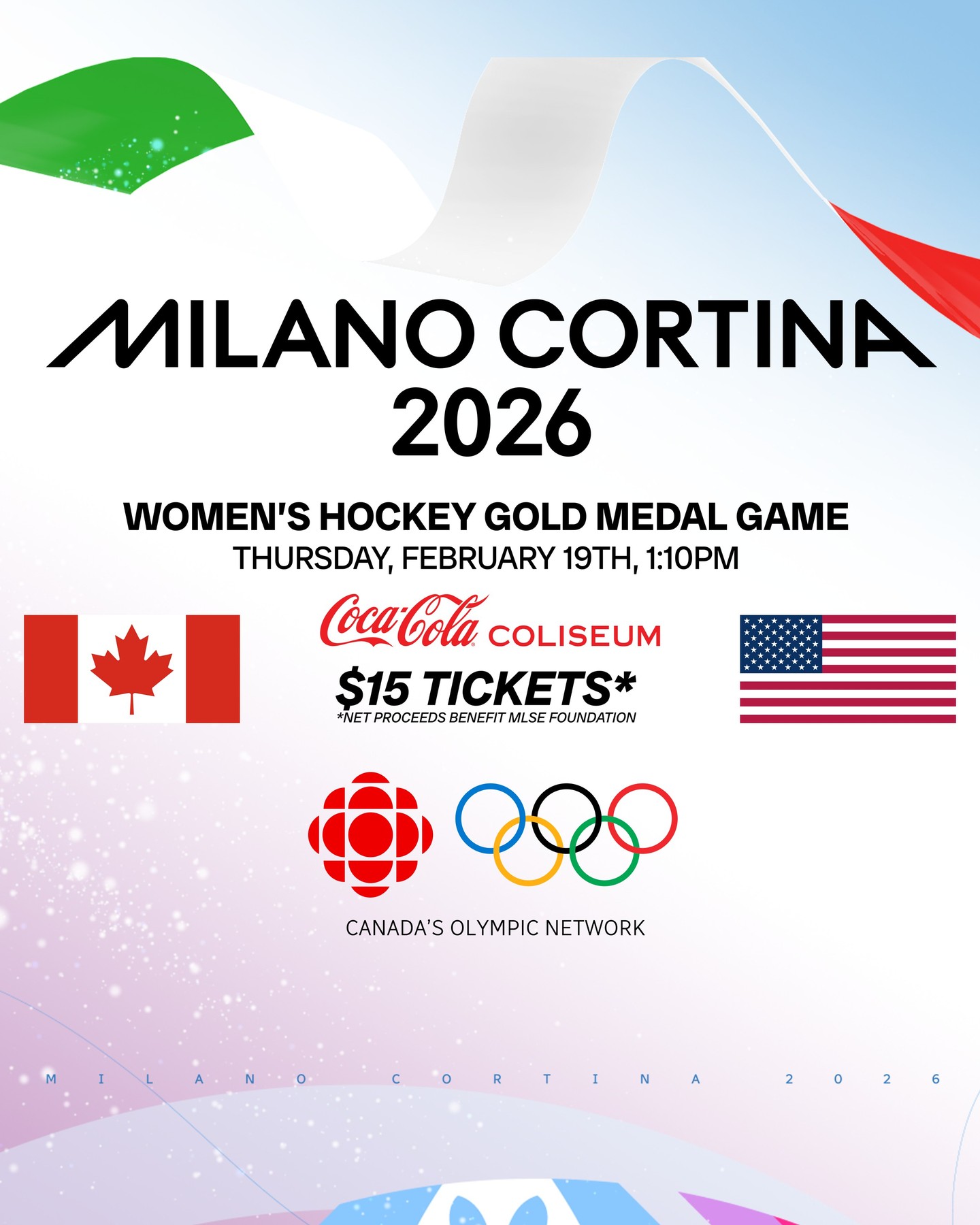 A gold medal moment, together 🇨🇦🥇⁣
⁣
Join us at Coca-Cola Coliseum on February 19 as we cheer on Team Canada in the women’s hockey gold medal game at the Olympic Winter Games Milano Cortina 2026.⁣
⁣
Watch CBC’s broadcast on the videoboard and rally behind our team ❤️⁣
⁣
🎟️ Tickets are $15, with net proceeds supporting MLSE Foundation⁣
⁣
⏰ Available through Leafs Fan Access and Raptors Fan Access at 12 PM, general on sale at 2 PM