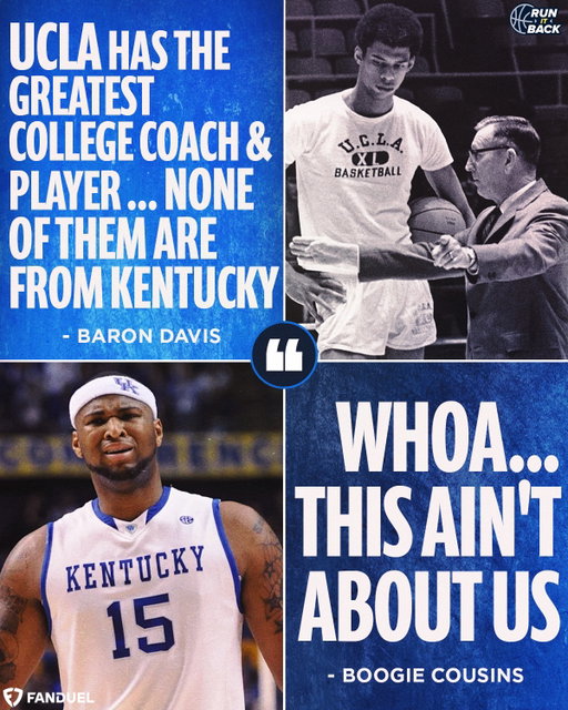 Boogie Cousins just wanted to know how Baron Davis would rejuvenate UCLA’s basketball program 😅

BD couldn’t answer without reminding Boogie that Kentucky doesn’t have as many championships or GOATs as the Bruins 🏆

Which school has the better hoops legacy? 🤔