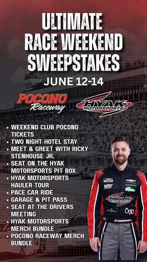 🚨Ultimate Race Weekend Sweepstakes🚨

We have partnered up with @hyakmotorsports to give one lucky fan and their guest the Ultimate Race Weekend Experience, June 12-14!

Weekend VIP Tickets, Meet & Greet with @stenhousejr 
 and so much more!

Enter for a chance to win at the link in our bio!

NO PURCHASE NECESSARY. Open to legal residents of the 50 U.S./D.C., age 18+. Void outside 50 U.S./D.C. and where prohibited. Ends 3/10/26. For full Official Rules and prize conditions, JUNE 12-14.