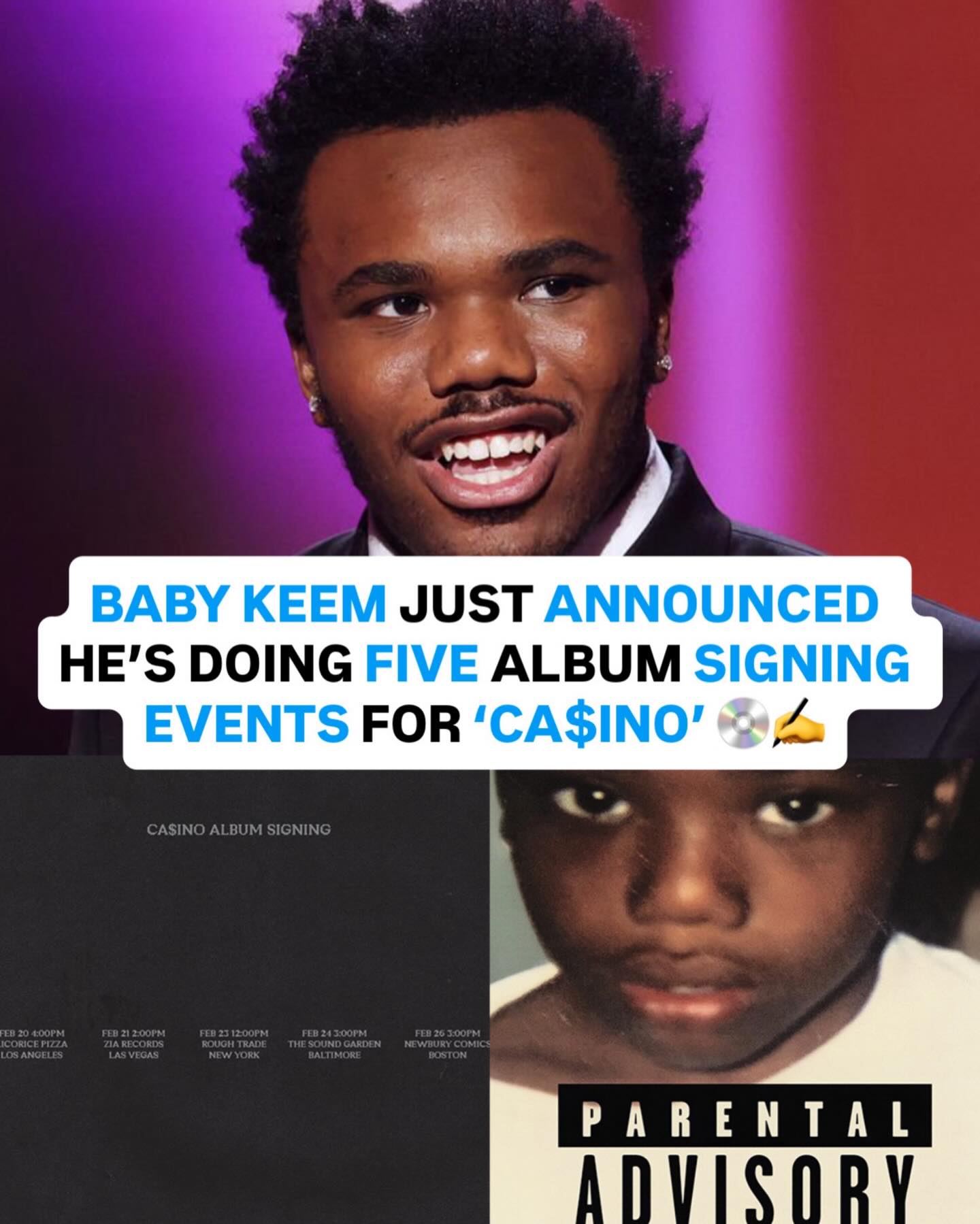 Baby Keem just announced five album signing events for ‘Ca$ino’💿🔥 

The events will take place in Los Angeles, Las Vegas, New York, Baltimore, and Boston 

Are you going to pull up to one?